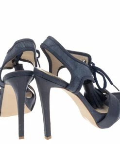 Promo 🛒 Stella McCartney Navy Blue Faux Leather And Canvas Platform Ankle Wrap Tassel 🩴 Sandals Size 38.5 For 👩 Women 🛒 -Stella McCartney Shop luxury women stella mccartney used shoes p492836 003