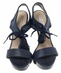 Promo 🛒 Stella McCartney Navy Blue Faux Leather And Canvas Platform Ankle Wrap Tassel 🩴 Sandals Size 38.5 For 👩 Women 🛒 -Stella McCartney Shop luxury women stella mccartney used shoes p492836 005