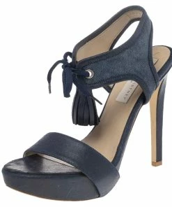 Promo 🛒 Stella McCartney Navy Blue Faux Leather And Canvas Platform Ankle Wrap Tassel 🩴 Sandals Size 38.5 For 👩 Women 🛒