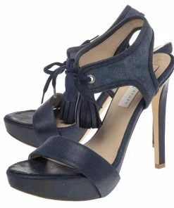 Promo 🛒 Stella McCartney Navy Blue Faux Leather And Canvas Platform Ankle Wrap Tassel 🩴 Sandals Size 38.5 For 👩 Women 🛒 -Stella McCartney Shop luxury women stella mccartney used shoes p492836 008