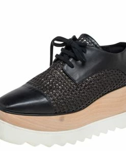 Best Sale ❤️ Stella McCartney Black Woven Faux Leather Elyse Platform Derby 👟 Sneakers Size 38 For 👩 Women 👍