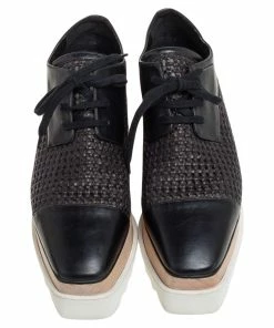 Best Sale ❤️ Stella McCartney Black Woven Faux Leather Elyse Platform Derby 👟 Sneakers Size 38 For 👩 Women 👍 -Stella McCartney Shop luxury women stella mccartney used shoes p493015 008