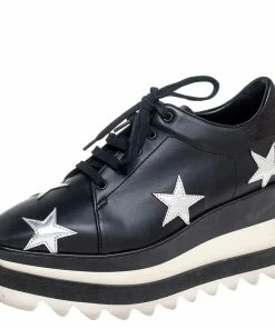 Deals 😉 Stella McCartney Black Faux Leather Elyse Star Platform Lace Up 👟 Sneakers Size 35 For 👩 Women 🤩