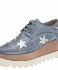 Promo 👍 Stella McCartney Blue Faded Effect Faux Leather Elyse Star Platform Lace Up Derby Size 36.5 For 👩 Women 🔥