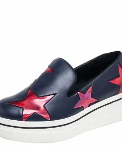 Wholesale ⌛ Stella McCartney Metallic Grey Faux Leather Binx Star Platform Slip On 👟 Sneakers Size 37 For 👩 Women 😍