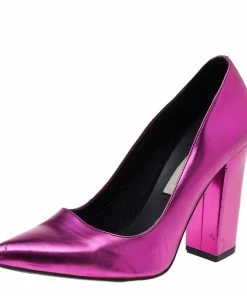 Top 10 🌟 Stella McCartney Metallic Pink Faux Leather Block Heel Pointed-Toe Pumps Size 36 For 👩 Women ❤️