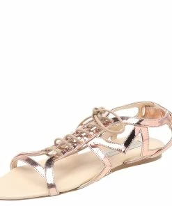 Flash Sale ✨ Stella McCartney Rose Gold Patent Leather Cutout Accent Gladiator Flat 🩴 Sandals Size 38 For 👩 Women 🔔