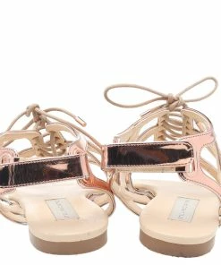 Flash Sale ✨ Stella McCartney Rose Gold Patent Leather Cutout Accent Gladiator Flat 🩴 Sandals Size 38 For 👩 Women 🔔 -Stella McCartney Shop luxury women stella mccartney used shoes p532806 009