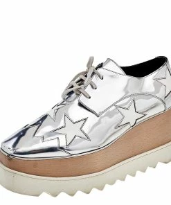 Outlet 😍 Stella McCartney Silver/White Faux Patent And Leather Elyse Star Platform Lace Up 👟 Sneakers Size 38 For 👩 Women ✔️