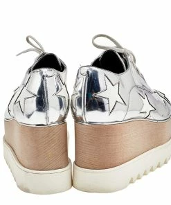 Outlet 😍 Stella McCartney Silver/White Faux Patent And Leather Elyse Star Platform Lace Up 👟 Sneakers Size 38 For 👩 Women ✔️ -Stella McCartney Shop luxury women stella mccartney used shoes p556925 005