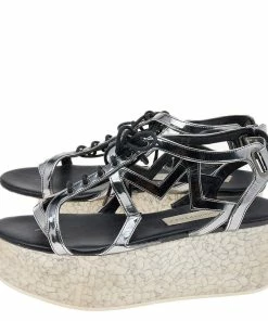 Hot Sale 😀 Stella McCartney Metallic Grey Faux Leather Hackney Platform 🩴 Sandals Size 36 For 👩 Women ❤️ -Stella McCartney Shop luxury women stella mccartney used shoes p578161 002