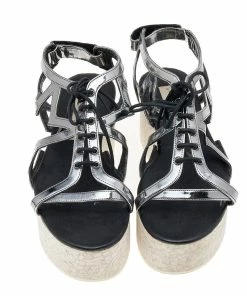 Hot Sale 😀 Stella McCartney Metallic Grey Faux Leather Hackney Platform 🩴 Sandals Size 36 For 👩 Women ❤️ -Stella McCartney Shop luxury women stella mccartney used shoes p578161 004