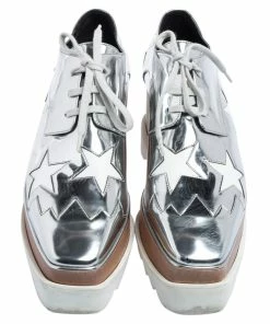 Flash Sale 😉 Stella McCartney Silver Faux Patent And Faux Leather Elyse Star Platform 👟 Sneakers Size 38.5 For 👩 Women 🥰 -Stella McCartney Shop luxury women stella mccartney used shoes p586124 002
