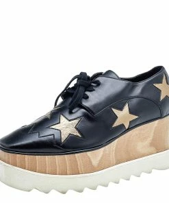 Discount 😍 Stella McCartney Black/Gold Faux Leather Elyse Star Platform Derby Size 39 For 👩 Women ✨