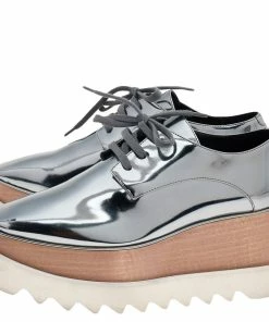 Outlet 🥰 Stella McCartney Metallic Grey Faux Patent Leather Elyse Platform 👟 Sneakers Size 36 For 👩 Women ✨ -Stella McCartney Shop luxury women stella mccartney used shoes p592746 002