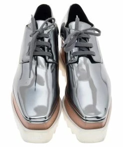 Outlet 🥰 Stella McCartney Metallic Grey Faux Patent Leather Elyse Platform 👟 Sneakers Size 36 For 👩 Women ✨ -Stella McCartney Shop luxury women stella mccartney used shoes p592746 004