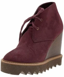 Promo 💯 Stella McCartney Burgundy Faux Suede Lace Up Wedge 🥾 Boots Size 37 For 👩 Women 🤩