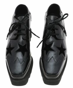 Deals ✔️ Stella McCartney Black Faux Leather And Velvet Elyse Star Platform Derby Size 36 For 👩 Women 🎁 -Stella McCartney Shop luxury women stella mccartney used shoes p593998 005