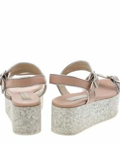 Cheapest 🛒 Stella McCartney Beige Faux Leather Geena Marble Wedge Platform 🩴 Sandals Size 36 For 👩 Women ✨ -Stella McCartney Shop luxury women stella mccartney used shoes p594063 002