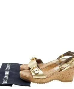 Cheapest 😀 Stella McCartney Metallic Gold Faux Leather Linda Wedge 🩴 Sandals Size 41 For 👩 Women ⌛ -Stella McCartney Shop luxury women stella mccartney used shoes p615374 001