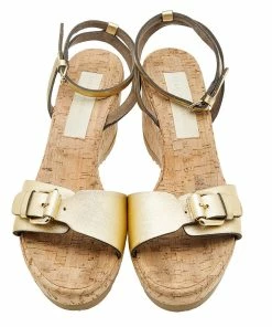 Cheapest 😀 Stella McCartney Metallic Gold Faux Leather Linda Wedge 🩴 Sandals Size 41 For 👩 Women ⌛ -Stella McCartney Shop luxury women stella mccartney used shoes p615374 002