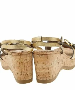Cheapest 😀 Stella McCartney Metallic Gold Faux Leather Linda Wedge 🩴 Sandals Size 41 For 👩 Women ⌛ -Stella McCartney Shop luxury women stella mccartney used shoes p615374 003