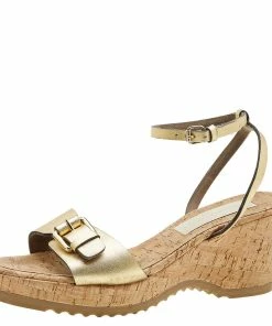 Cheapest 😀 Stella McCartney Metallic Gold Faux Leather Linda Wedge 🩴 Sandals Size 41 For 👩 Women ⌛