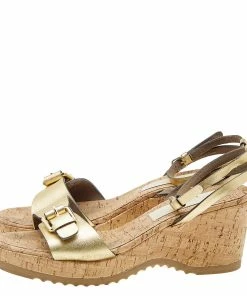 Cheapest 😀 Stella McCartney Metallic Gold Faux Leather Linda Wedge 🩴 Sandals Size 41 For 👩 Women ⌛ -Stella McCartney Shop luxury women stella mccartney used shoes p615374 010