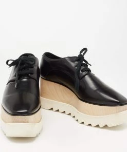 Flash Sale ⌛ Stella McCartney Black Faux Leather Elyse Platform Wedge 👟 Sneakers Size 39 For 👩 Women 😍 -Stella McCartney Shop luxury women stella mccartney used shoes p641090 004