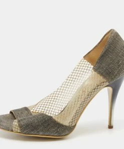 Wholesale 🌟 Stella McCartney Grey/Gold Canvas And PVC Peep Toe Pumps Size 36 For 👩 Women 🎁