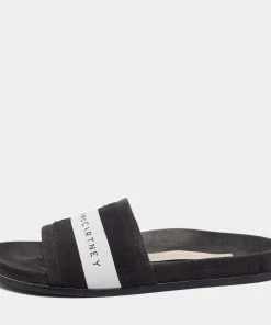 Discount 😍 Stella McCartney Black/White Faux Suede And Canvas Logo Slide Slippers Size 36 For 👩 Women ⌛