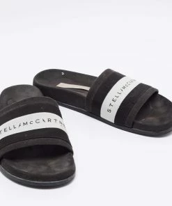 Discount 😍 Stella McCartney Black/White Faux Suede And Canvas Logo Slide Slippers Size 36 For 👩 Women ⌛ -Stella McCartney Shop luxury women stella mccartney used shoes p649633 007