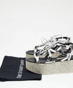 Cheap 🤩 Stella McCartney Metallic Silver Cut Out Faux Leather Hackney Printed Wedge Platform 🩴 Sandals Size 37 For 👩 Women 🎁 -Stella McCartney Shop luxury women stella mccartney used shoes p669402 002