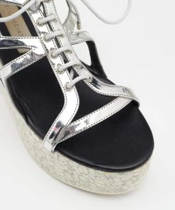 Cheap 🤩 Stella McCartney Metallic Silver Cut Out Faux Leather Hackney Printed Wedge Platform 🩴 Sandals Size 37 For 👩 Women 🎁 -Stella McCartney Shop luxury women stella mccartney used shoes p669402 007