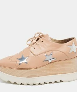 Best Pirce 🌟 Stella McCartney Beige Faux Leather Elyse Star Platform Derby 👟 Sneakers Size 40 For 👩 Women 🧨