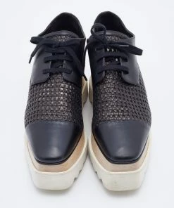 Discount 🎁 Stella McCartney Black Woven Faux Leather Elyse Platform Derby Size 38 For 👩 Women ⌛ -Stella McCartney Shop luxury women stella mccartney used shoes p686493 010
